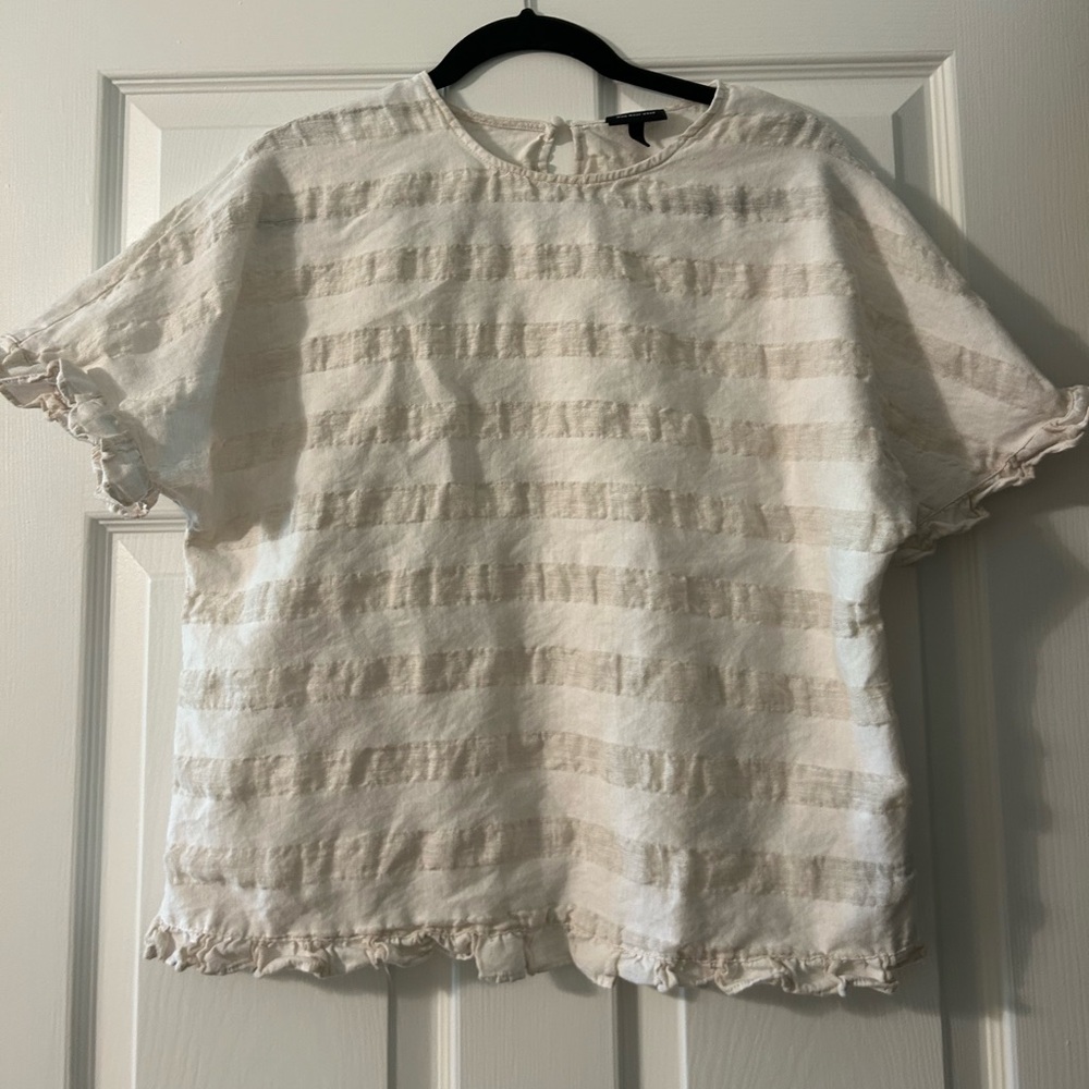 Who What Wear Linen-Cotton Striped Ruffle Sleeve Blouse Sz S Ivory Cottage